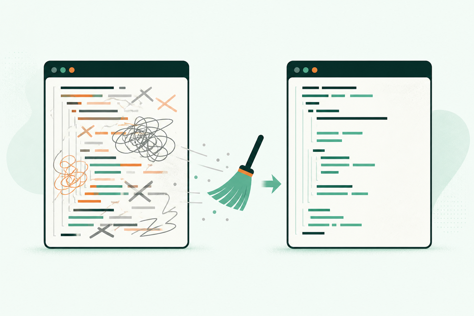 Voor-en-na-illustratie van de deslop skill: rommelige AI-code links, opgeruimde code rechts