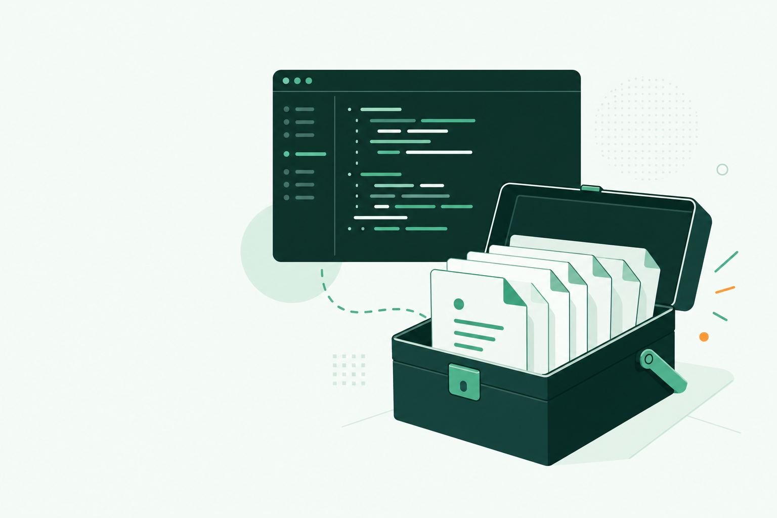 Illustratie van een code-editor en een gereedschapskist vol markdown-documenten, symbool voor de Cursor Team Kit