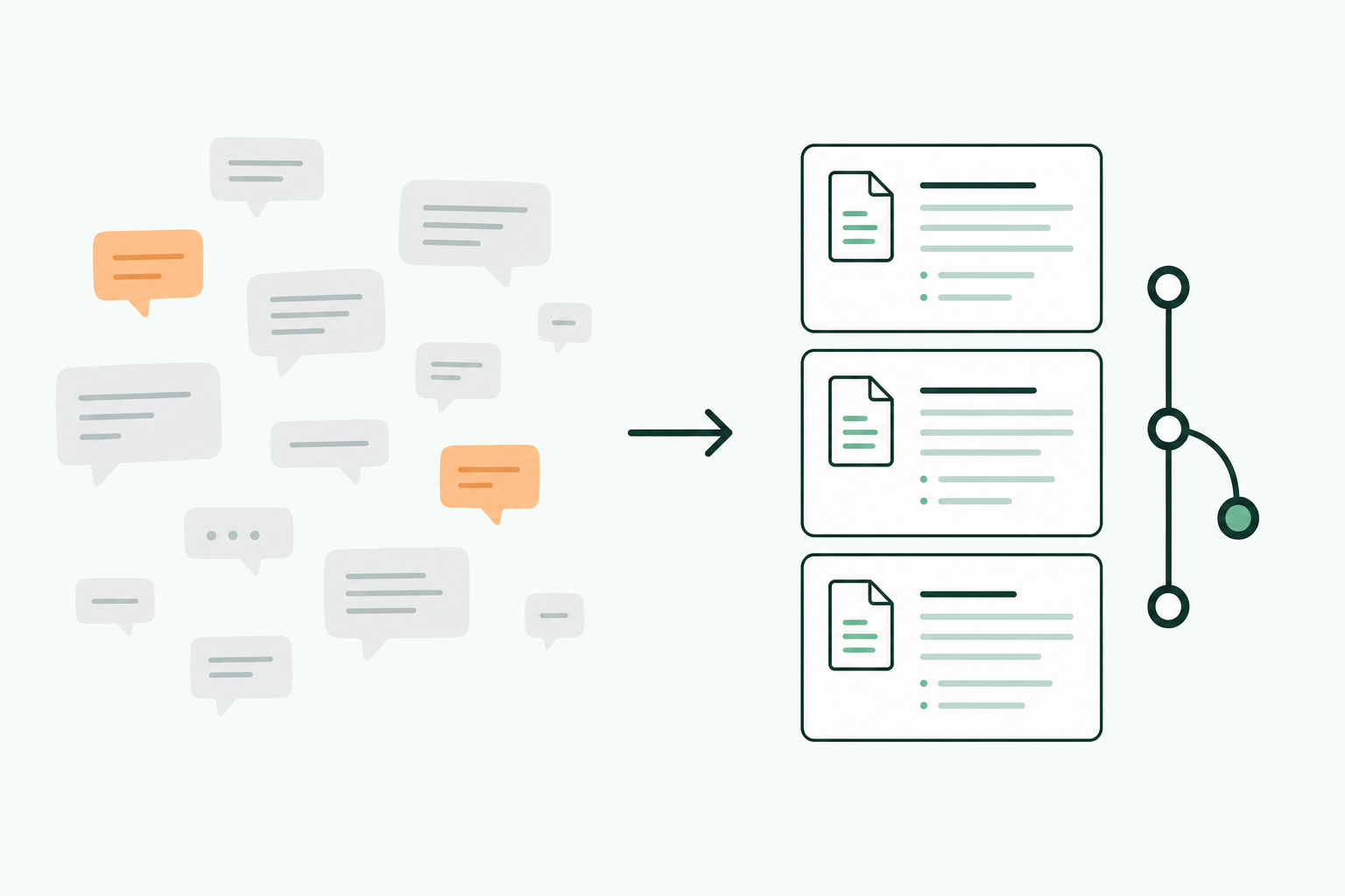 Illustratie: losse chat-tekstballonnen veranderen via een pijl in een nette stapel markdown-bestanden naast een git-branch-symbool