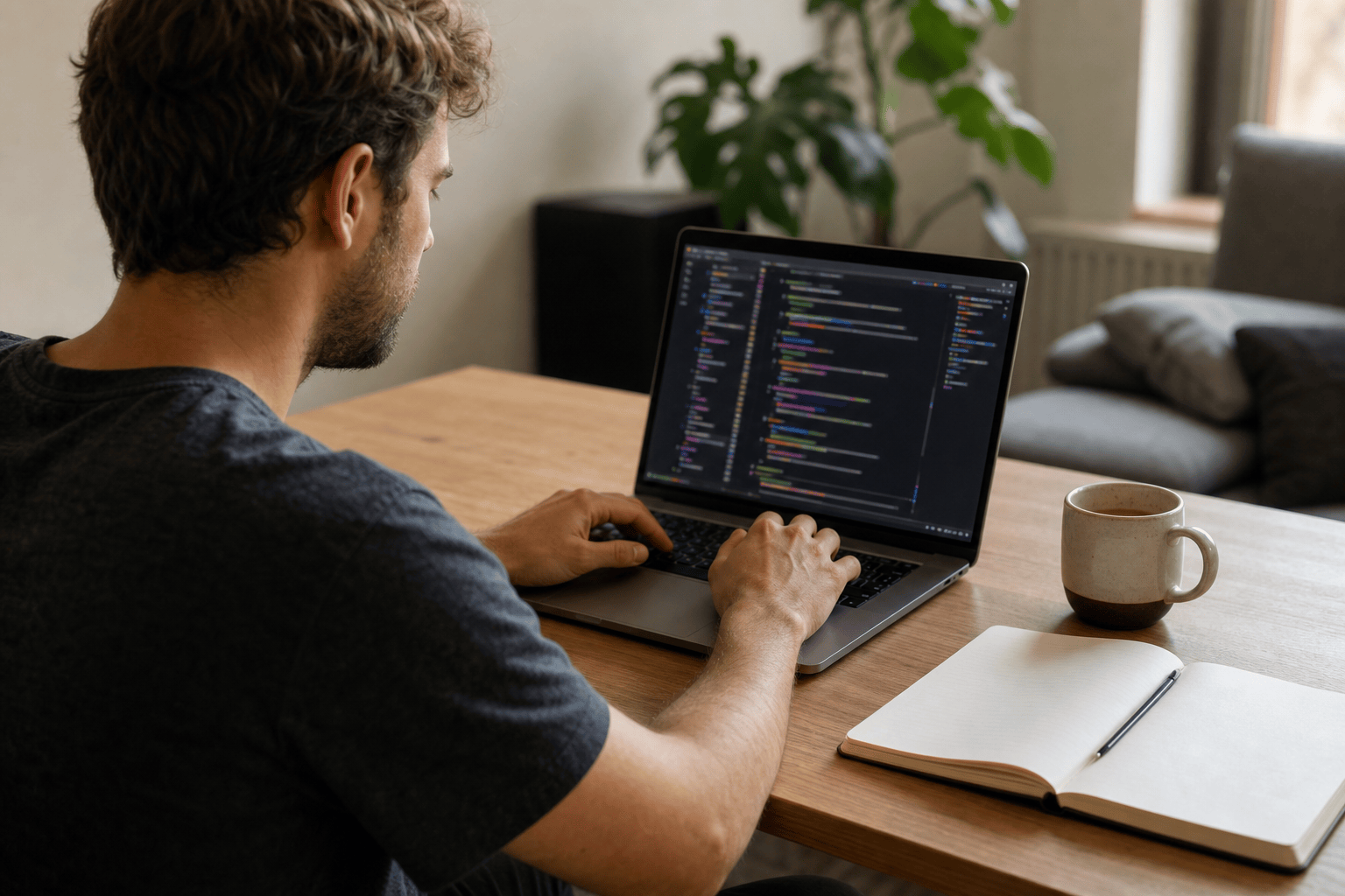 Iemand werkt aan een houten bureau in de Cursor AI code-editor op een laptop