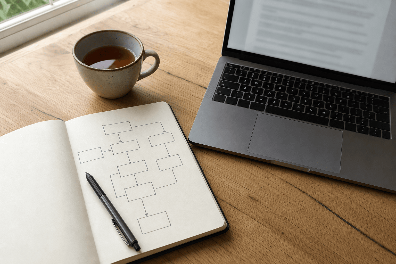 Notitieboek met handgetekend stroomschema naast een laptop met tekstdocument