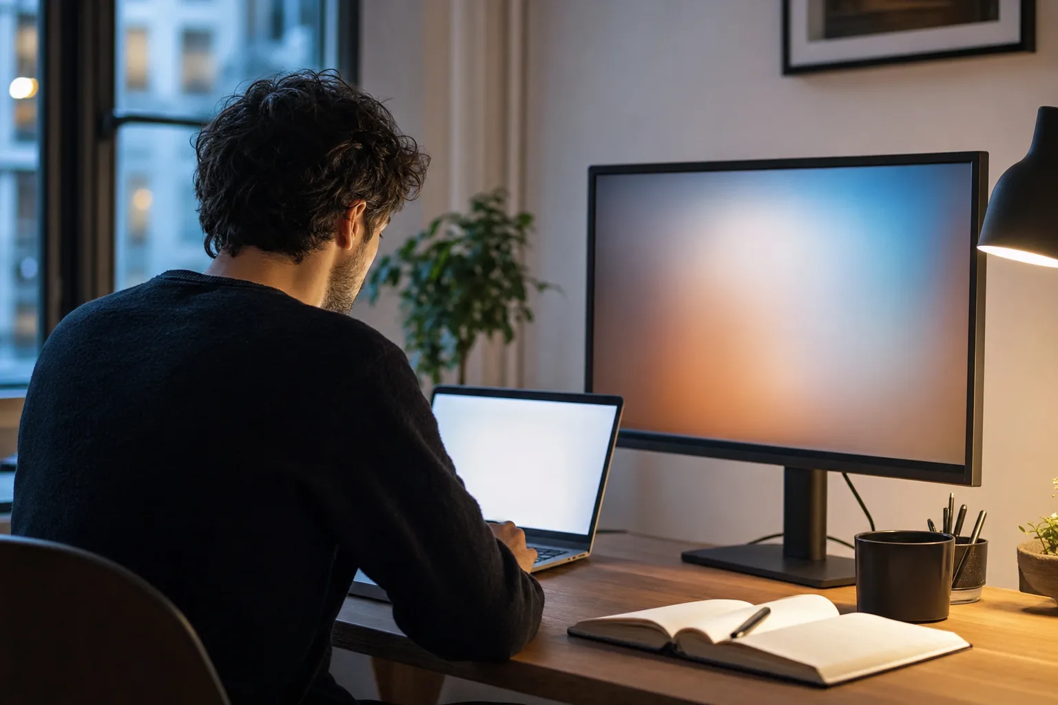 Iemand werkt in de avond aan een bureau met laptop en groot beeldscherm