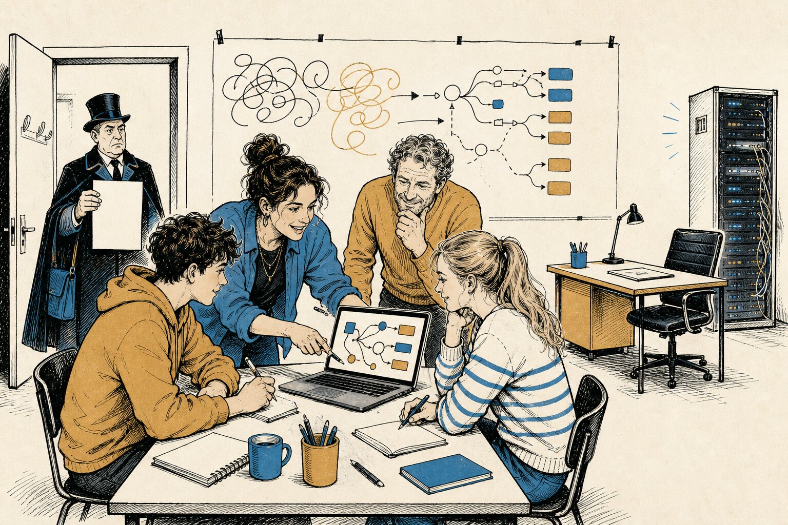 Klaslokaal met tieners achter een laptop-tutor, een belastinginner in de deuropening, verderop een leeg bureau bij een serverrack