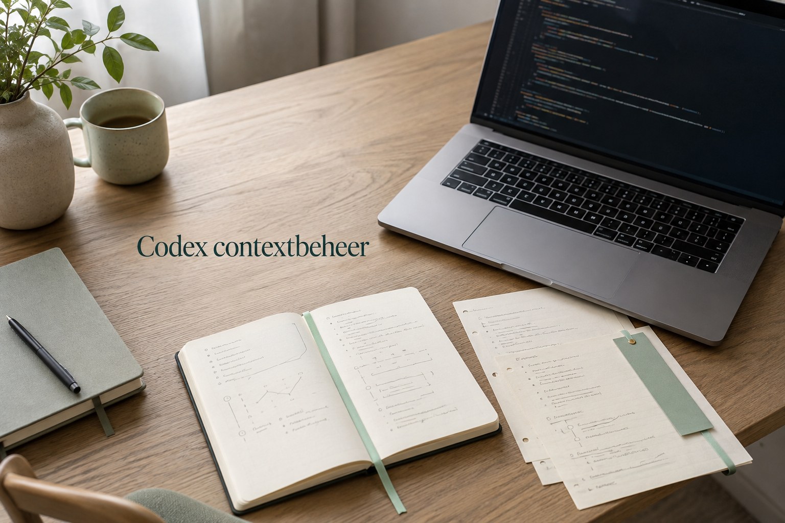 Laptop met code en papieren notities bij een uitleg over Codex contextbeheer