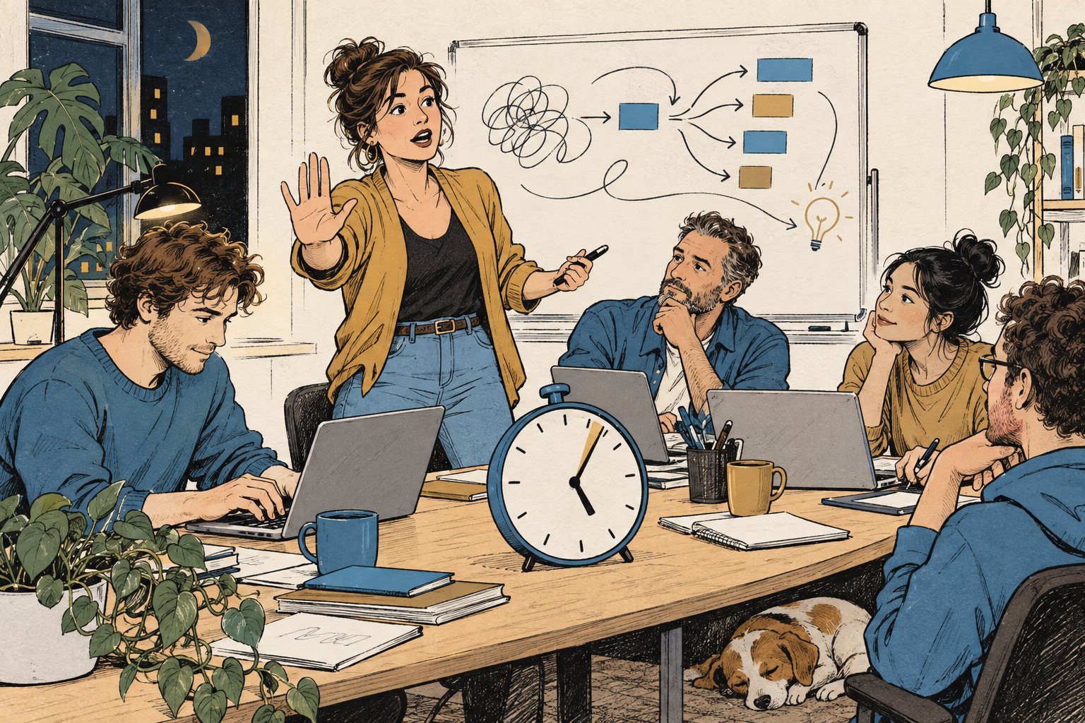 Illustratie van een ontwikkelteam aan tafel waarbij een vrouw haar hand opsteekt om te pauzeren terwijl een collega doortypt