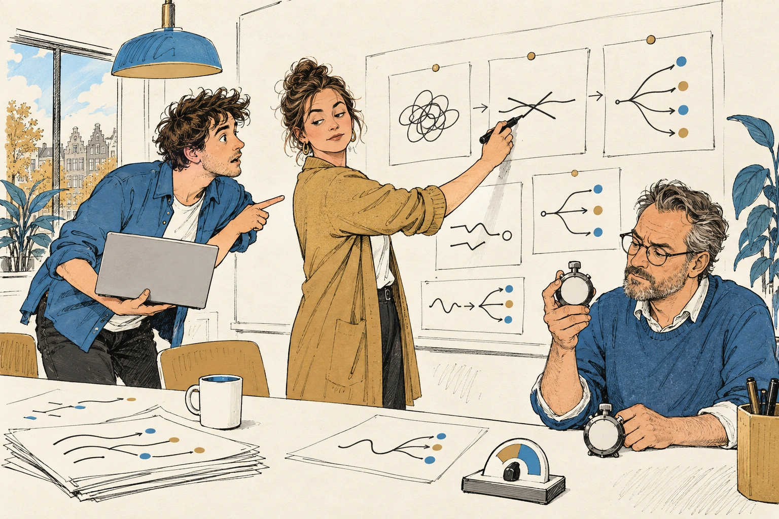 Promptcoach streept op een wand met geprinte prompts één regel door, terwijl een collega met twee stopwatches de tijd vergelijkt