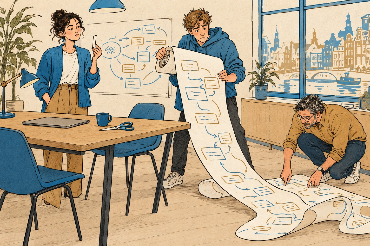 Promptcoach houdt een dunne strook papier omhoog naast een collega die een veel langere papierrol uitrolt over de vloer