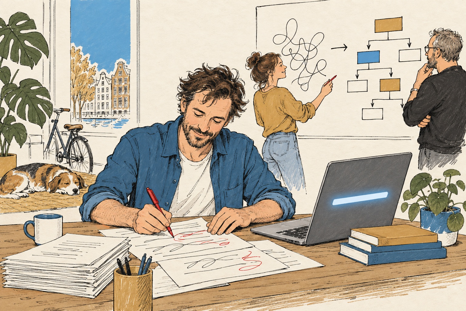 Redactionele illustratie: een coach tekent met een rode pen de ene openingszin aan die een AI-antwoord kan overnemen