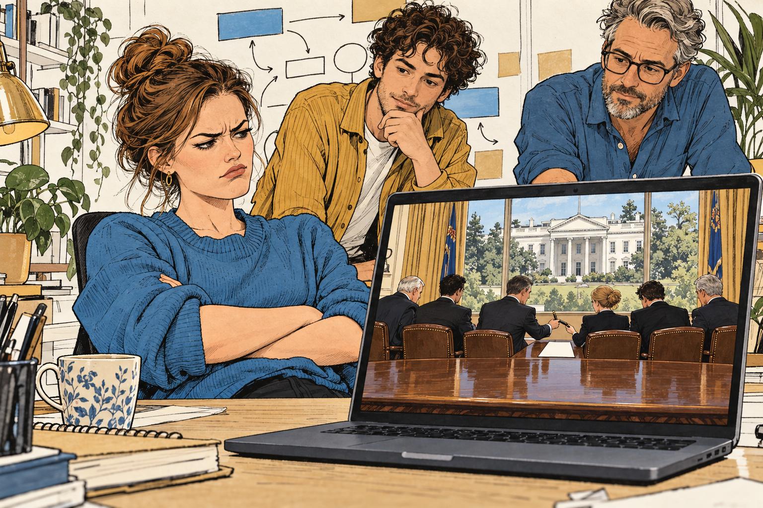 Illustratie van zakenmensen die aan een lange tafel één vel papier ondertekenen, met een kijkende kantoormedewerker op de voorgrond