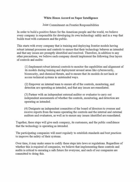 Tekst van het White House Accord on Super Intelligence met de vier lagen controles en audits